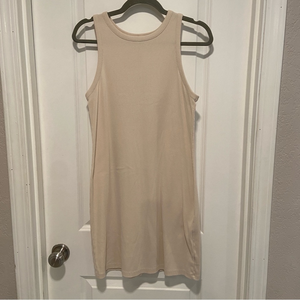 Sleeveless Beige Ribbed Tank Dress